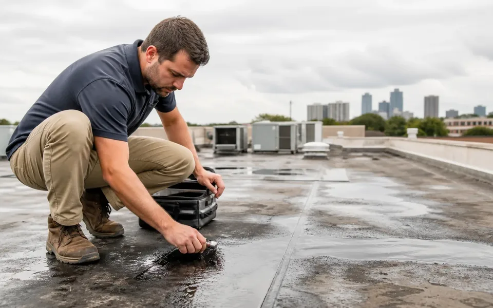 Technician inspecting a commercial flat roof with the Houston skyline behind