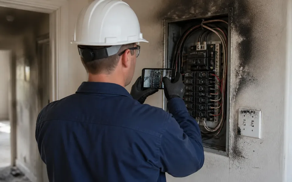 Technician in a hard hat photographing a scorched electrical panel