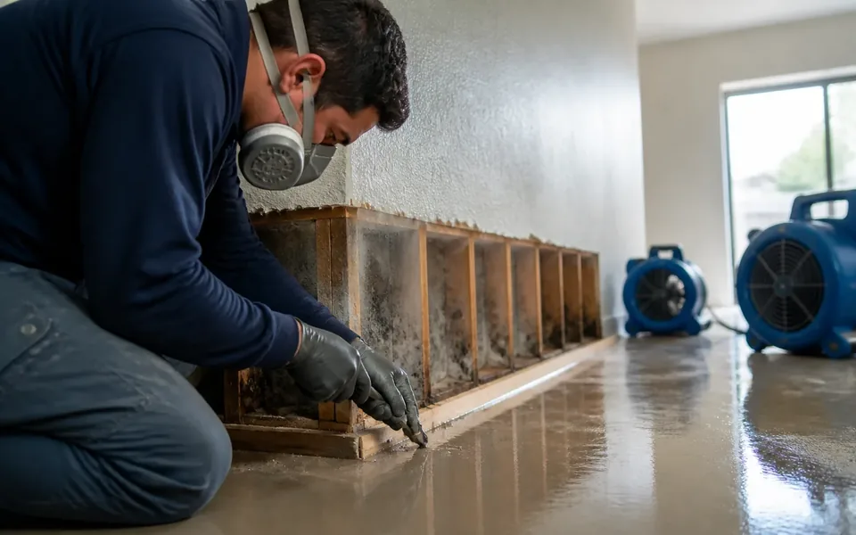 Technician in a respirator inspecting black mold on an opened wall with an air scrubber running