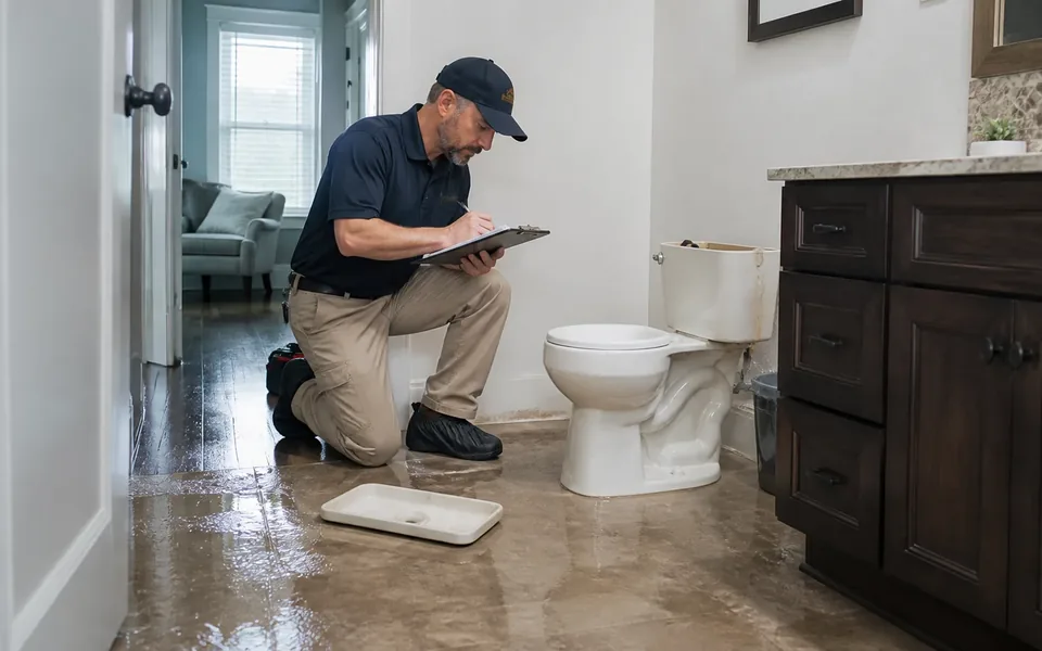 Technician with a clipboard beside an overflowing toilet, water across the bathroom floor