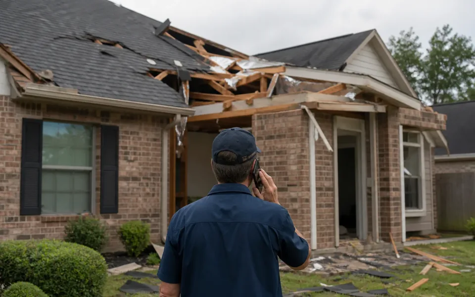 Technician on the phone in front of a house with a storm-damaged roof