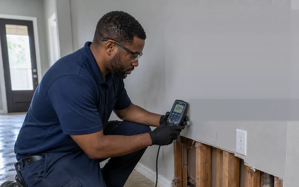 Technician taking a moisture reading on a wall after water damage, air mover running behind him