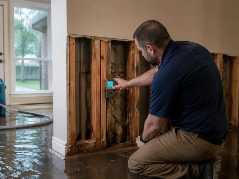 Technician reading moisture in a wall while standing water covers the floor after a storm