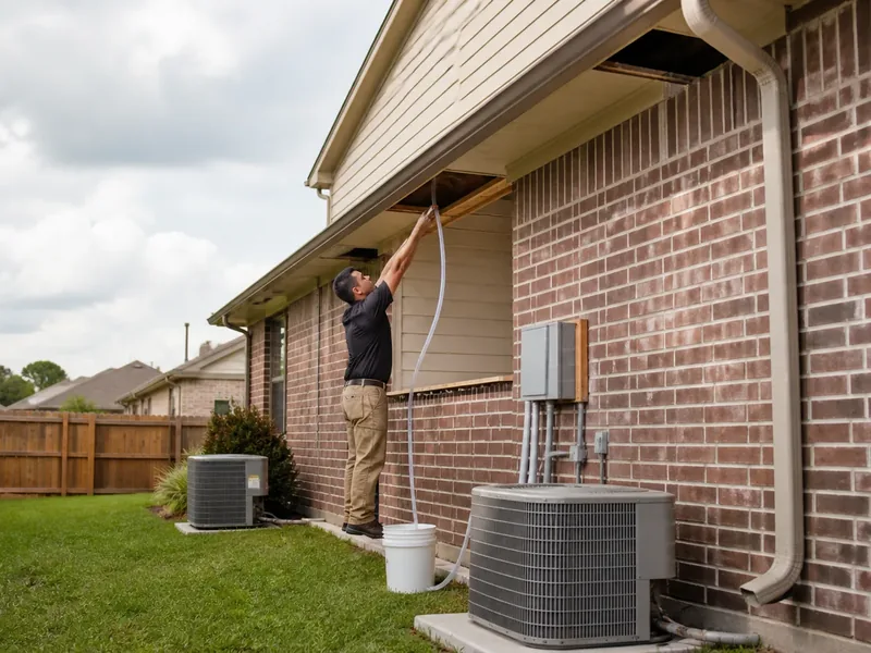 Technician checking the gutter line on the side of a brick Houston-area home