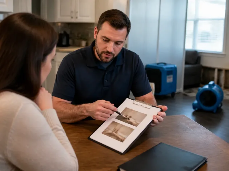 Technician walking a homeowner through claim photos at her dining table