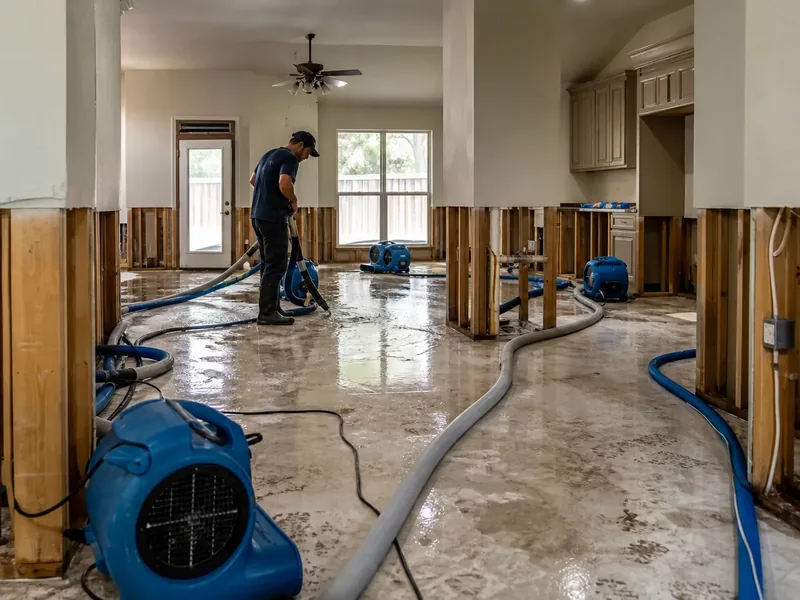 Technician setting up air movers and extraction hoses in a freshly flood-cut room